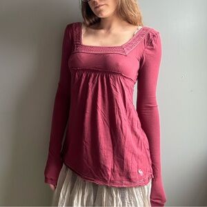 Vintage Y2K deadstock Abercrombie & Fitch burgundy 100% cotton babydoll l/s top